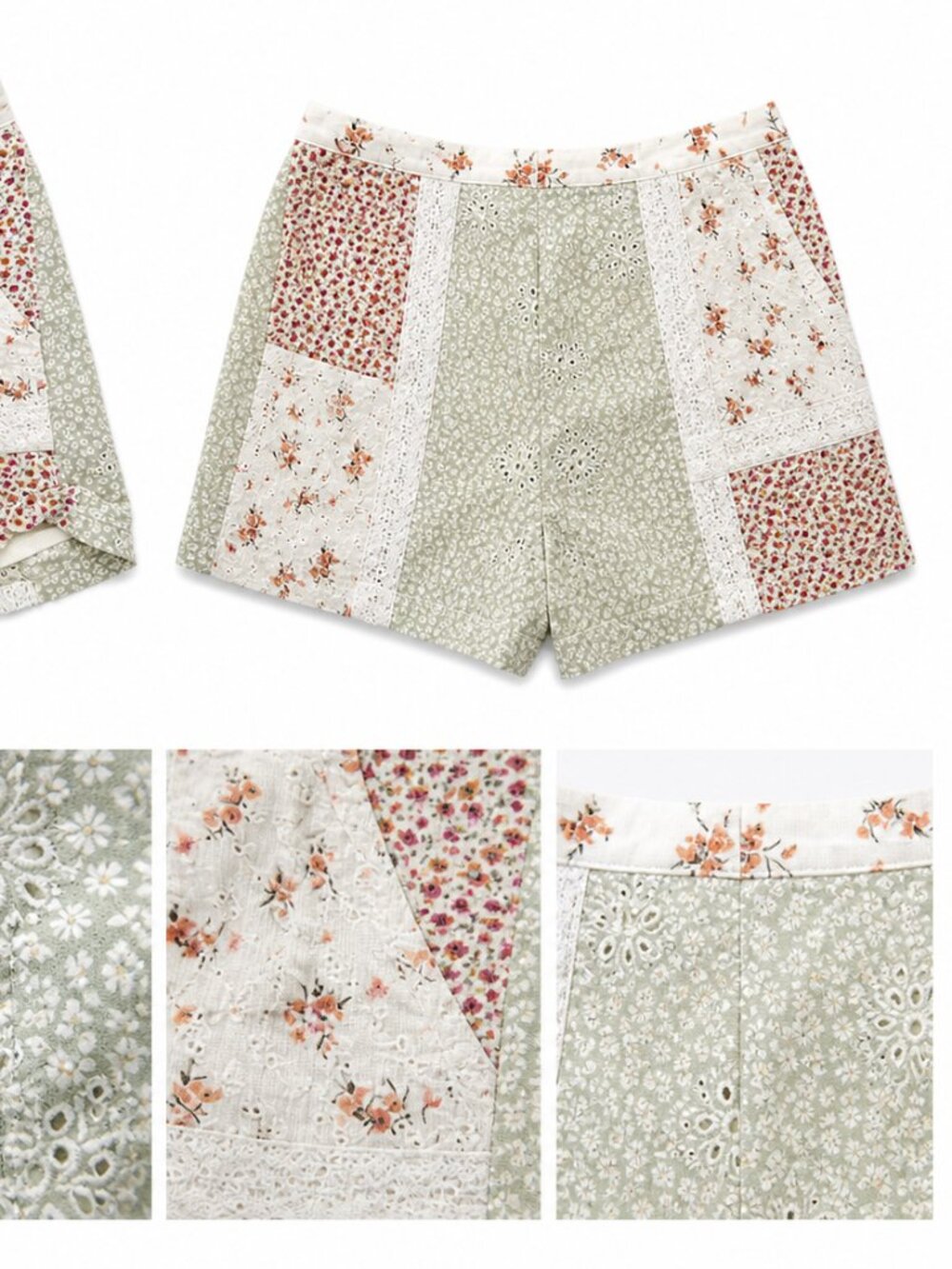 American Eagle Patchwork Floral Shorts Size M Boho Cottagecore Eyelet Lace - Picture 2 of 2